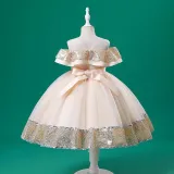 Toddler Girls Sleeveless Sequin Bowknot Belt Formal Maxi Puffy Dress