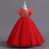 Toddler Girls Flying Sleeve Sequin Bowknot Belt Formal Maxi Puffy Dress