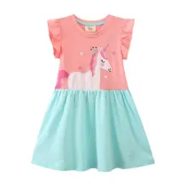 Toddler Girls Flying Sleeve Unicorn Embroidery A-line Casual Dress