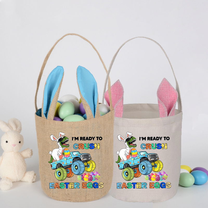 Easter Bunny Ears Canvas Bag Happy Easter Happy Easter Im Ready To Crush Easter Eggs Dinosaur Car Round Bottom Handbag