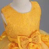 Toddler Girls Sleeveless Flower Rolls Embroidery Bowknot Belt Formal Maxi Puffy Dress