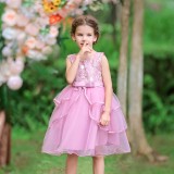 Toddler Girls Sleeveless Embroidery Flower Bowknot Belt Formal Midi Mesh Dress
