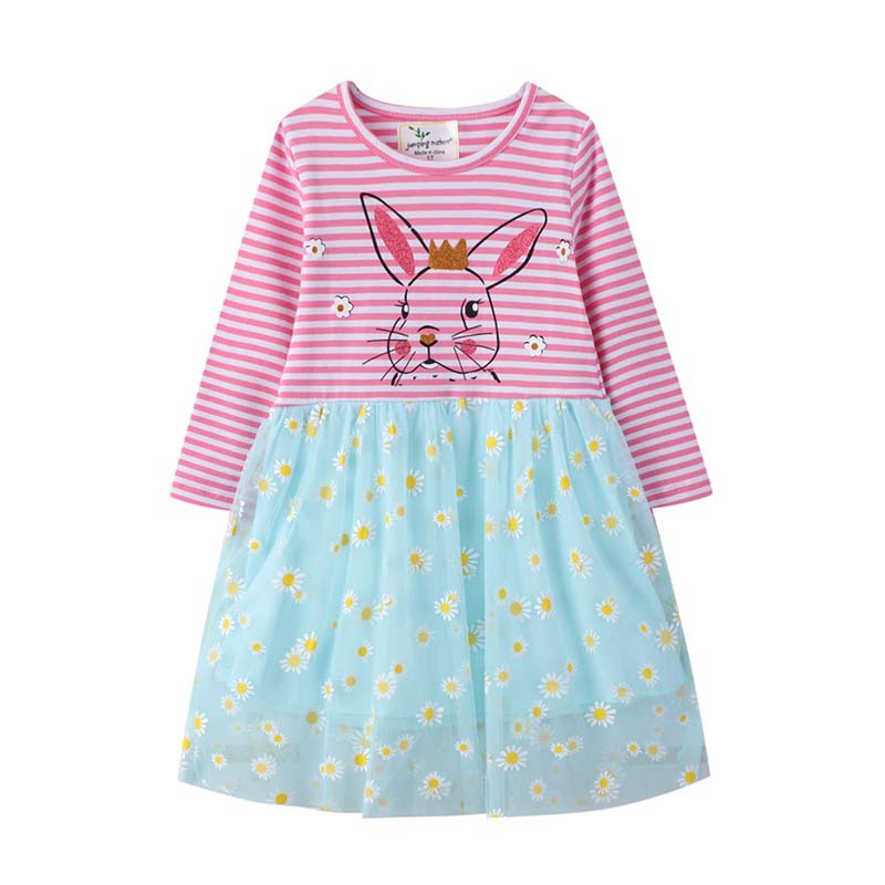 Toddler Girls Long Sleeve Striped Cartoon Bunny Rabbit Prints A-line Casual Mesh Dress