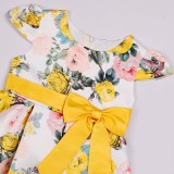 Toddler Girls Flying Sleeve Retro Flower Bowknot Belt Formal Maxi Dress