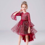 Toddler Girls Mesh Glittering Flared Sleeves Bowknot Belt Formal Gowns Dress