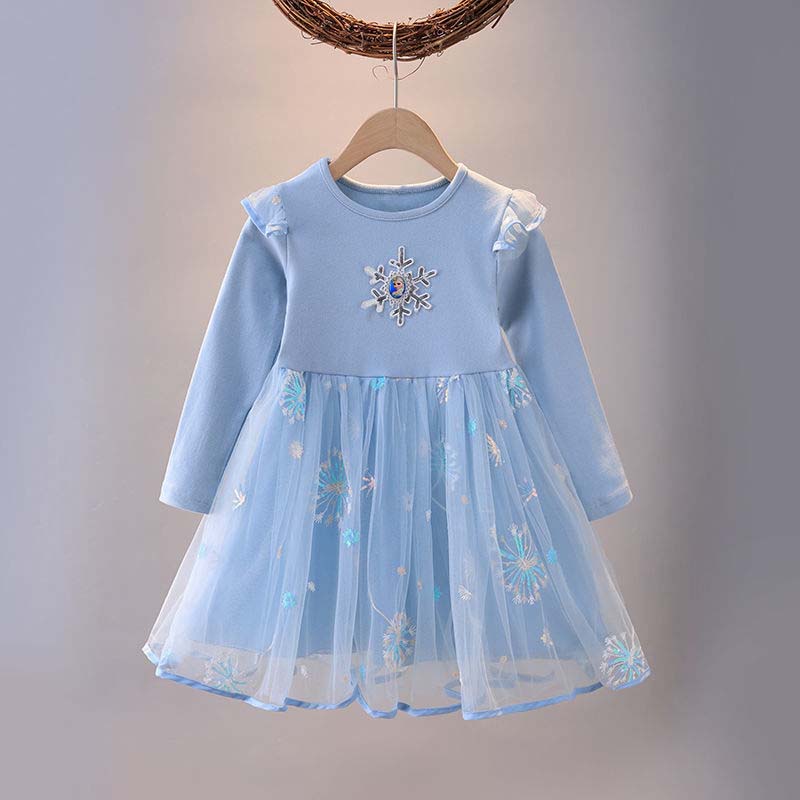 Toddler Girls Long Sleeve Princess Mesh Sequin Snowflakes Tutu Dress