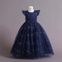 Toddler Girls Flying Sleeve Flower Embroidery Sequin Formal Puffy Maxi Dress
