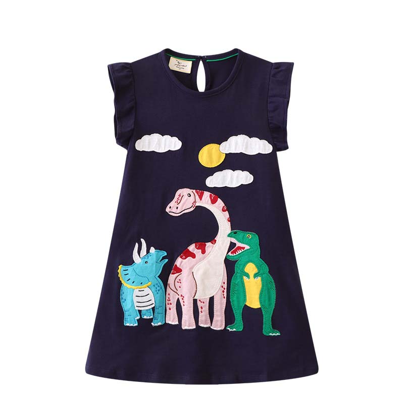 Toddler Girls Flying Sleeve Animal Dinosaur Embroidery A-line Casual Dress