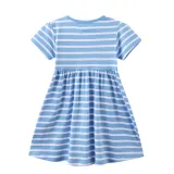 Toddler Girls Short Sleeve Blue Stripes Cartoon Bird Embroidery A-line Casual Dress