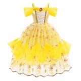 Toddler Girls Yellow One-shoulder Embroidery Flower Mesh Costumes Princess Dress with Jewellery Set