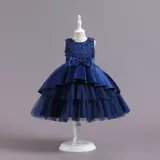 Toddler Girls Sleeveless Flower Embroidery Bowknot Belt Formal Maxi Puffy Dress