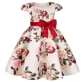 Toddler Girls Flying Sleeve Retro Flower Bowknot Belt Formal Maxi Dress