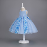 Toddler Girls Sleeveless Flower Rolls Embroidery Bowknot Belt Formal Maxi Puffy Dress