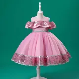 Toddler Girls Sleeveless Sequin Bowknot Belt Formal Maxi Puffy Dress