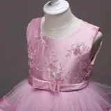 Toddler Girls Sleeveless Flower Embroidery Bowknot Belt Formal Midi Dress