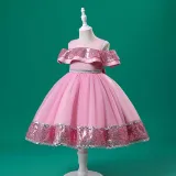 Toddler Girls Sleeveless Sequin Bowknot Belt Formal Maxi Puffy Dress