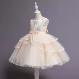 Toddler Girls Sleeveless Embroidery Flower Bowknot Belt Formal Midi Mesh Dress