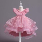 Toddler Girls Sleeveless Lace Collar Butterfly Mesh Bowknot Belt Formal Fishtail Midi Dress
