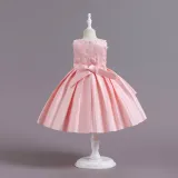Toddler Girls Sleeveless Flower Embroidery Bowknot Belt Formal Maxi Puffy Dress