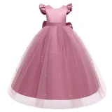 Toddler Girls Flying Sleeve Bowknot Belt Sequin Backless Formal Puffy Maxi Dress