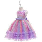 Toddler Girls Sleeveless Heart Embroidery Bowknot Belt Formal Midi Sequin Dress