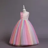 Toddler Girls Sleeveless Colorful Butterfly Pearl Belt Formal Maxi Puffy Dress