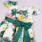 Toddler Girls Flying Sleeve Retro Flower Bowknot Belt Formal Maxi Dress
