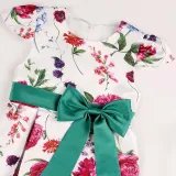 Toddler Girls Flying Sleeve Retro Flower Bowknot Belt Formal Maxi Dress
