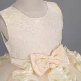 Toddler Girls Sleeveless Flower Rolls Embroidery Bowknot Belt Formal Maxi Puffy Dress
