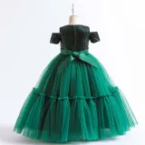 Toddler Girls Off Shulder Sequin Bowknot Belt Formal Maxi Puffy Dress
