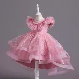 Toddler Girls Sleeveless Lace Collar Butterfly Mesh Bowknot Belt Formal Fishtail Midi Dress