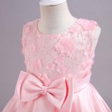 Toddler Girls Sleeveless Flower Embroidery Bowknot Belt Formal Maxi Puffy Dress