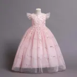 Toddler Girls Sleeveless Flower Embroidery Sequin Formal Puffy Maxi Dress