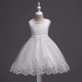 Toddler Girls Sleeveless Pearls Collar Formal Midi Embroidery Puffy Dress