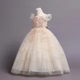 Toddler Girls Flying Sleeve Flower Embroidery Sequin Formal Puffy Maxi Dress