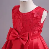 Toddler Girls Sleeveless Flower Embroidery Bowknot Belt Formal Maxi Puffy Dress