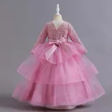 Toddler Girls Lace Hollow Out Long Sleeve Embroidery Formal Maxi Gowns Dress