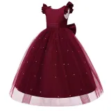 Toddler Girls Flying Sleeve Bowknot Belt Sequin Backless Formal Puffy Maxi Dress