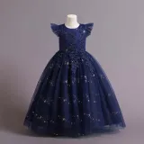 Toddler Girls Flying Sleeve Flower Embroidery Sequin Formal Puffy Maxi Dress