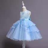 Toddler Girls Sleeveless Embroidery Flower Bowknot Belt Formal Midi Mesh Dress