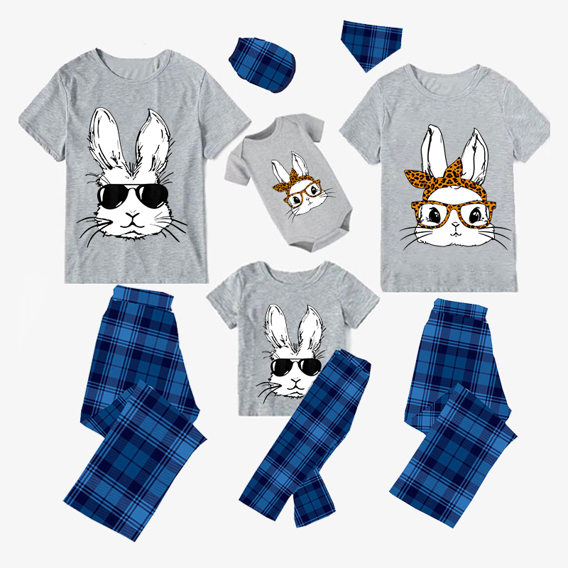Easter Family Matching Pajamas Exclusive Design Happy Easter Bunny With Glasse Blue Pajamas Set