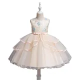 Toddler Girls Sleeveless Embroidery Flower Bowknot Belt Formal Midi Mesh Dress