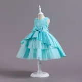 Toddler Girls Sleeveless Flower Embroidery Bowknot Belt Formal Maxi Puffy Dress