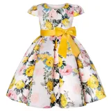 Toddler Girls Flying Sleeve Retro Flower Bowknot Belt Formal Maxi Dress