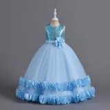 Toddler Girls Sleeveless Glittering Flower Belt Formal Maxi Puffy Dress