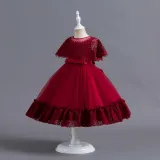 Toddler Girls Lace Shawl Boeknot Belt Formal Maxi Dress