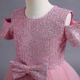 Toddler Girls Off Shulder Sequin Bowknot Belt Formal Maxi Puffy Dress