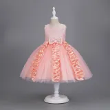 Toddler Girls Sleeveless Flower Rolls Embroidery Bowknot Belt Formal Maxi Puffy Dress