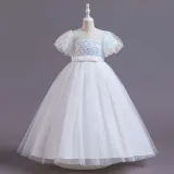 Toddler Girls Flying Sleeve Sequin Bowknot Belt Formal Maxi Puffy Dress
