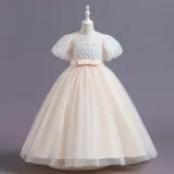 Toddler Girls Flying Sleeve Sequin Bowknot Belt Formal Maxi Puffy Dress